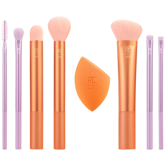 Real Techniques Level Up set with brushes and sponges for a complete makeup routine in vibrant packaging