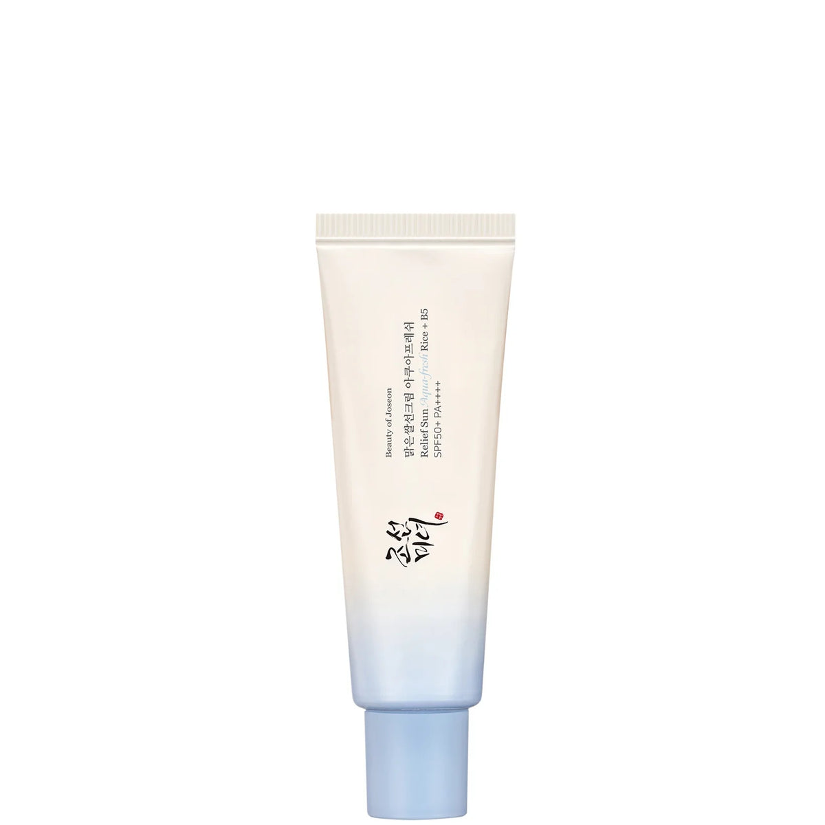 Beauty of Joseon Relief Sun Aqua-Fresh Rice + B5 SPF50+ 50ml, white squeeze tube with a rice-grain graphic and a flip-top cap