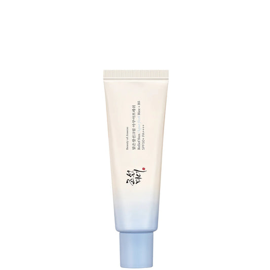Beauty of Joseon Relief Sun Aqua-Fresh Rice + B5 SPF50+ 50ml, white squeeze tube with a rice-grain graphic and a flip-top cap