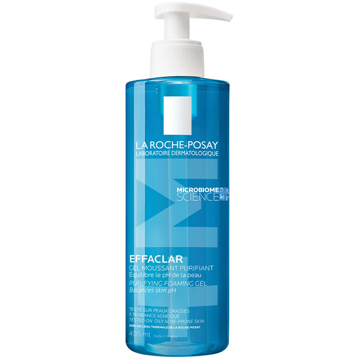La Roche-Posay Effaclar Purifying Foaming Gel Cleanser for Oily, Blemish-Prone Skin 400ml, large white pump bottle with green cap and La Roche-Posay Effaclar branding
