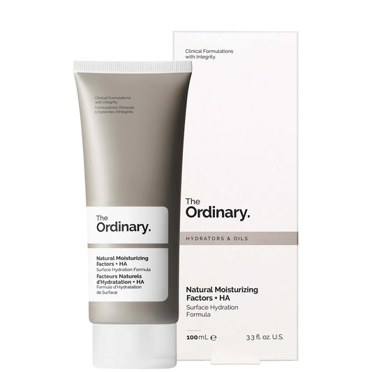 The Ordinary Natural Moisturizing Factors + HA 100ml, minimalist grey tube with black text, formulated to provide immediate and long-lasting hydration with hyaluronic acid