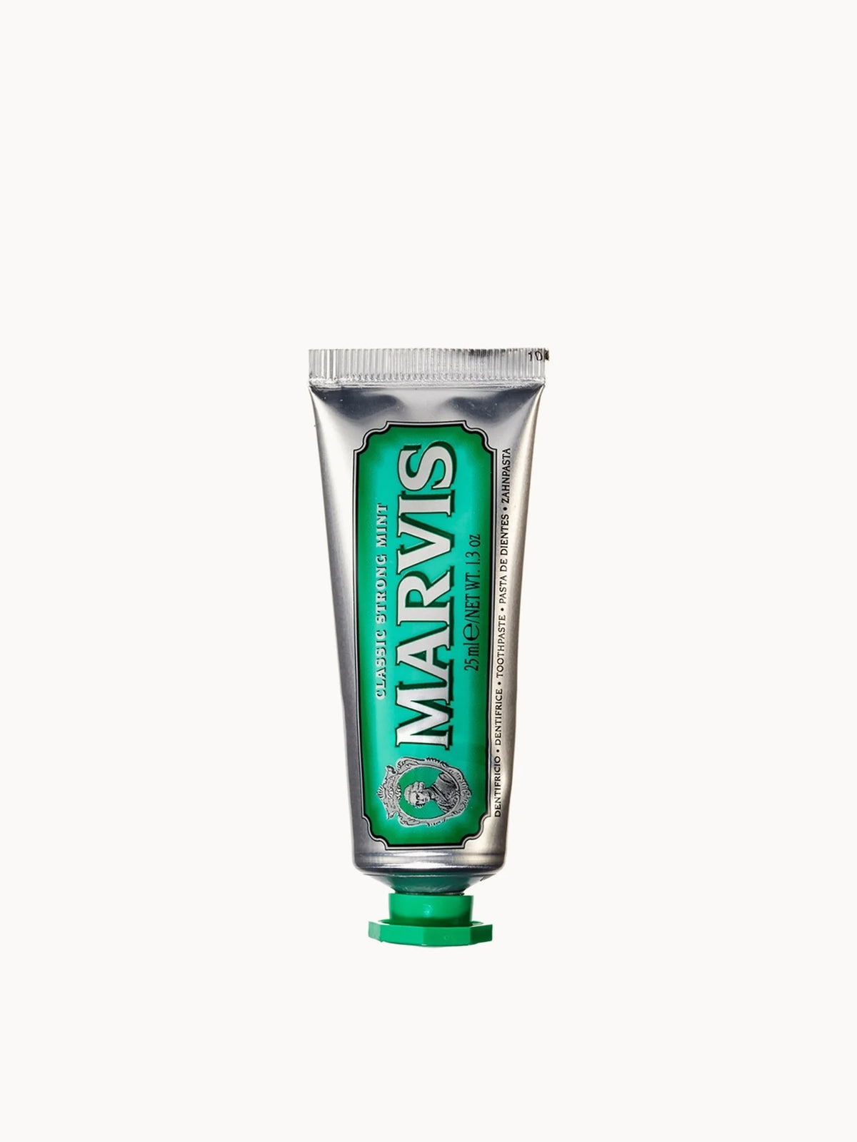 Marvis Travel Classic Strong Mint Toothpaste 25ml, white and black striped tube with silver cap
