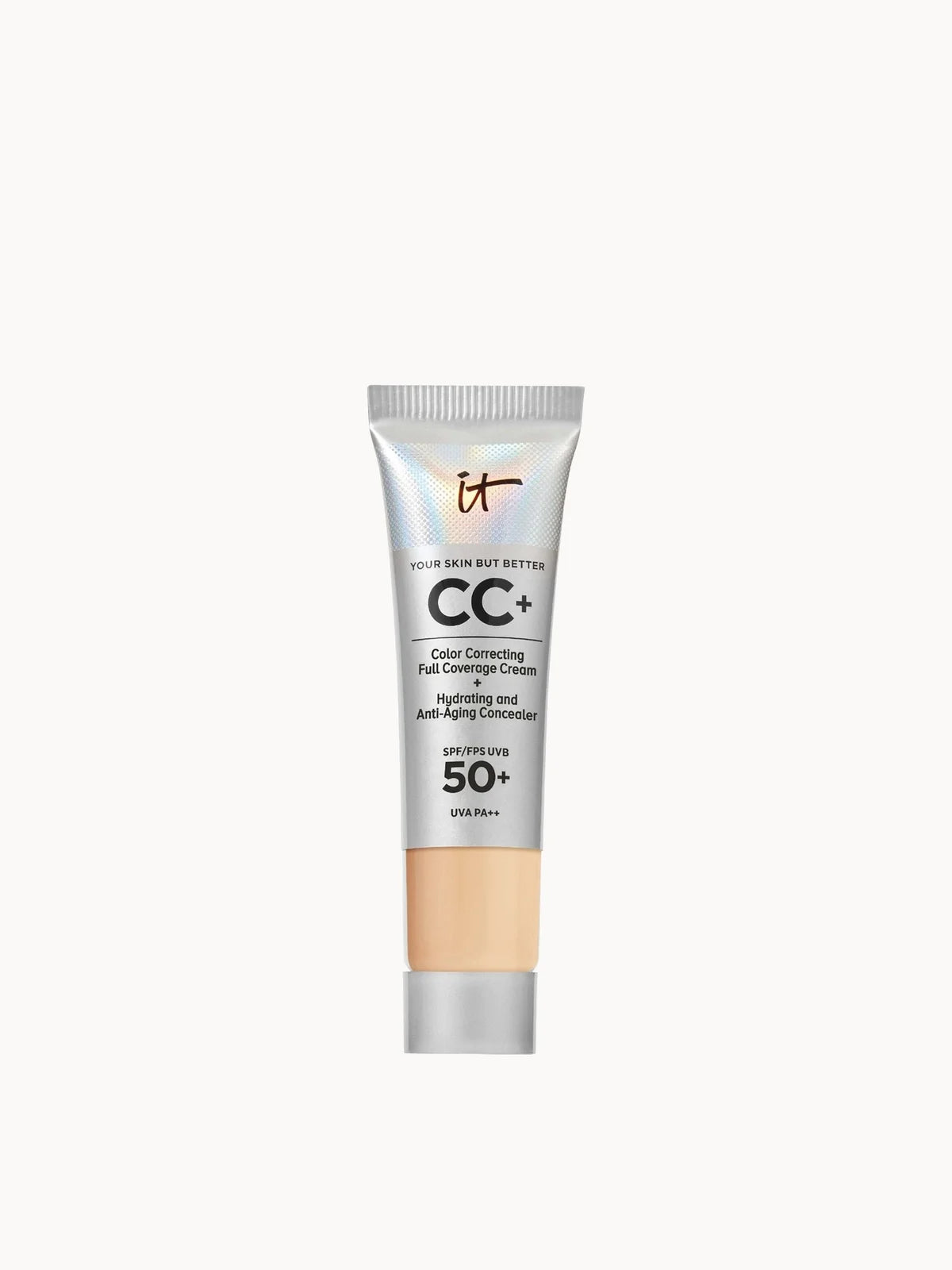IT Cosmetics Your Skin But Better CC+ Cream with SPF50 12ml - Light Medium, slim travel-size squeeze tube with IT Cosmetics branding and white cap
