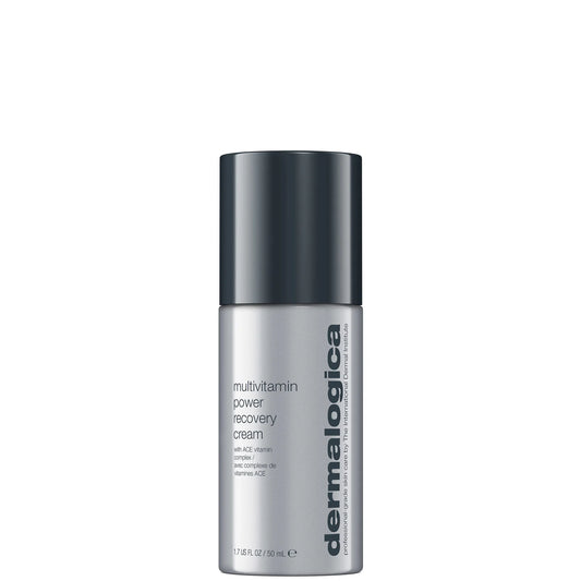 Dermalogica Multivitamin Power Recovery Cream 50ml in sleek white and grey tube positioned upright with a light, clean skincare background.