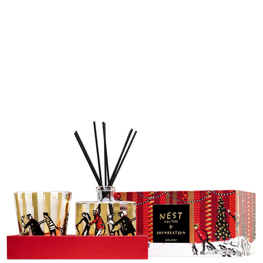 NEST New York Drawbertson Holiday Classic Candle & Diffuser Set, festive box with a candle jar and reed diffuser bottle, NEST New York branding