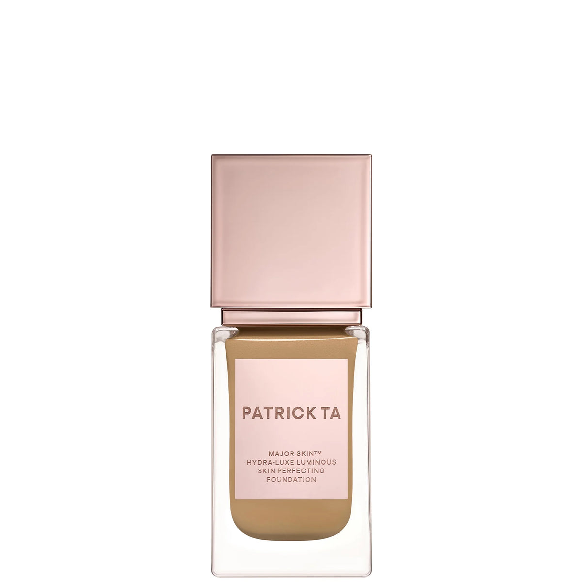 PATRICK TA Major Skin Hydra Luxe Skin Perfecting Foundation - 15 Golden Neutral, glass bottle with gold pump dispenser and black Patrick Ta wordmark label