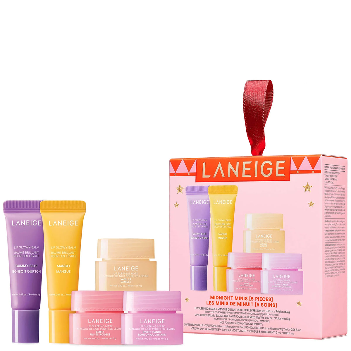 LANEIGE Midnight Minis, pastel box with LANEIGE branding and mini jar and mask silhouettes