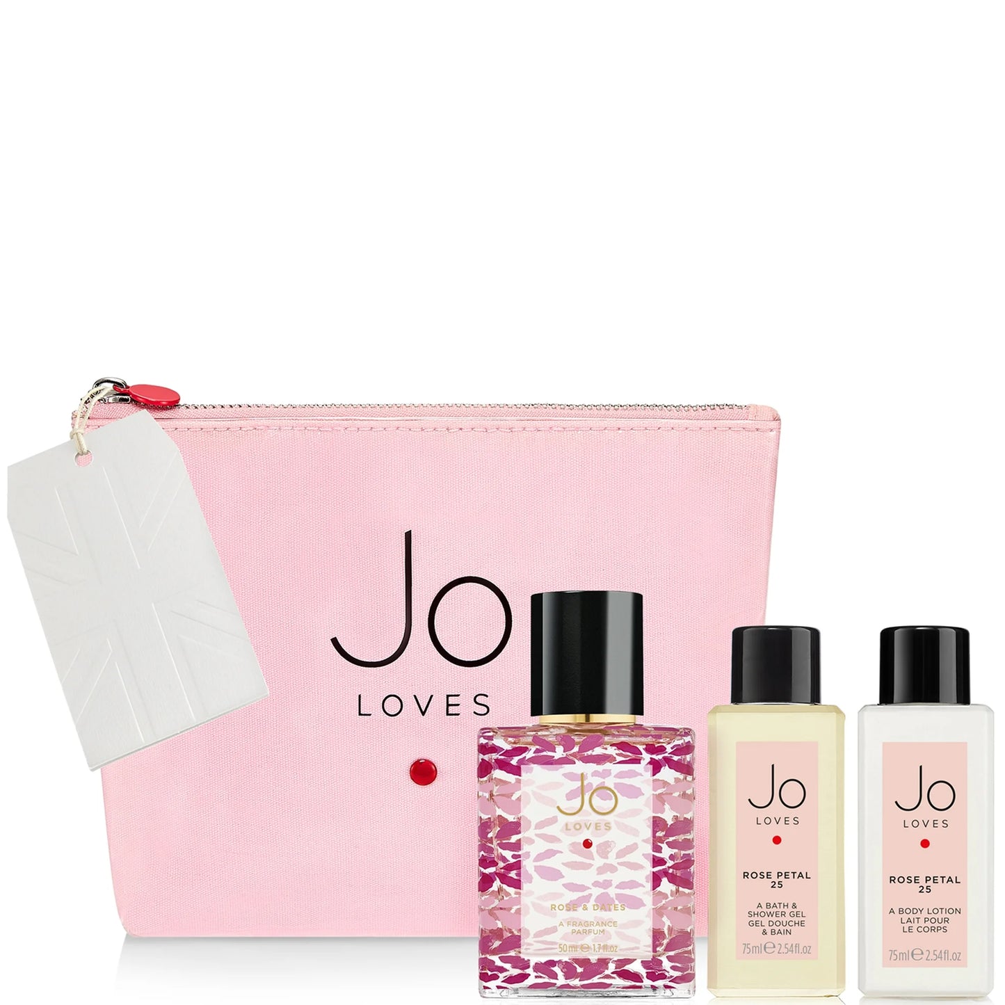 Jo Loves Rose luxury travel bag with fragrance, shower gel and body lotion