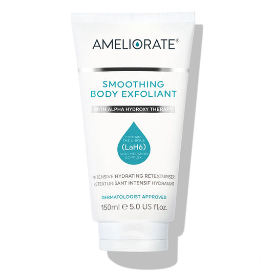 Ameliorate Smoothing Body Exfoliant 150ml, white pump bottle with clear cap and Ameliorate minimalist branding