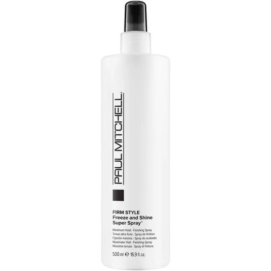 Paul Mitchell Firm Style Freeze & Shine Super Spray 250 ml – clear, strong-hold hairspray in a sleek white bottle, formulated to lock styles in place with high shine and humidity resistance.