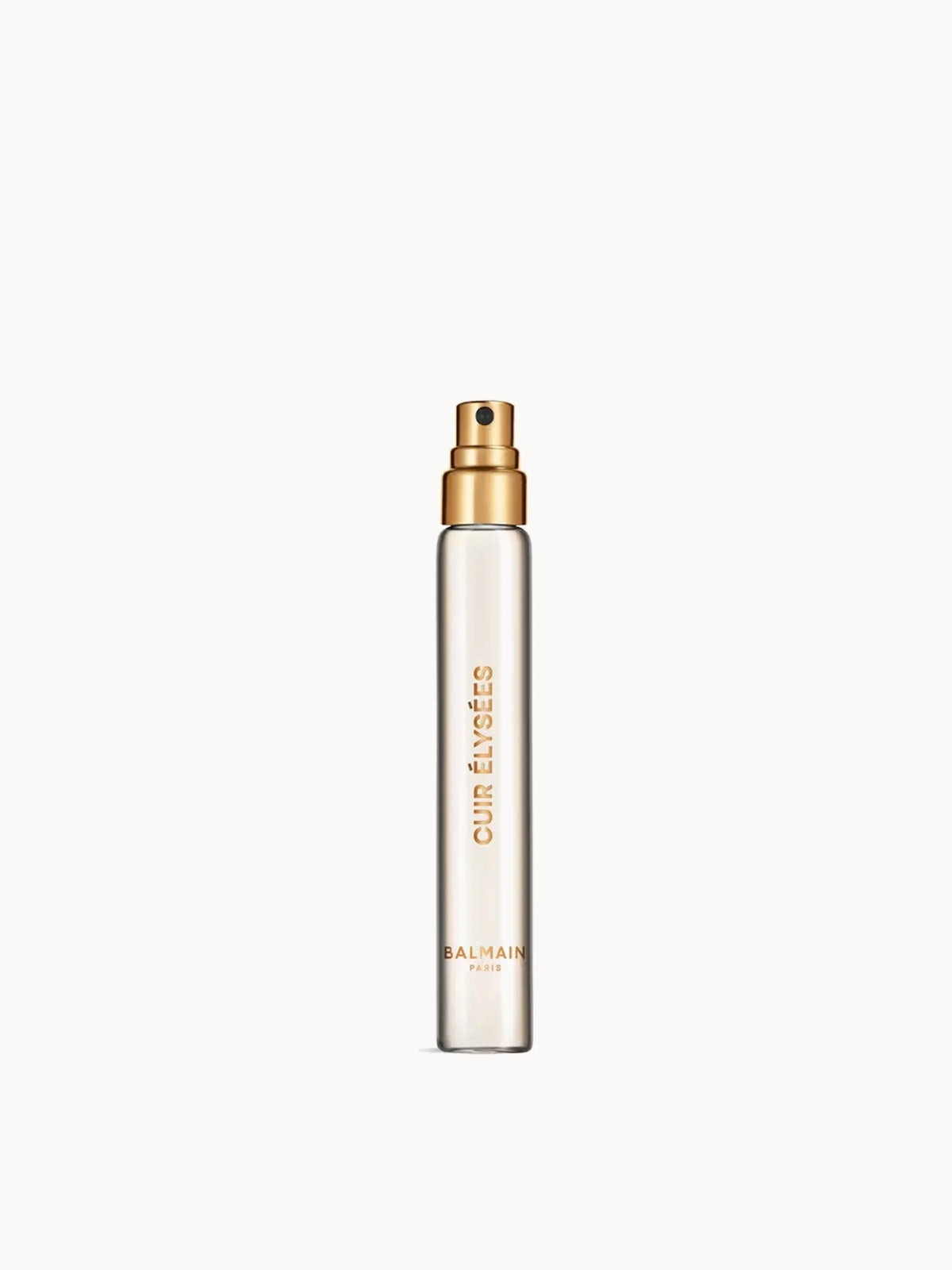 Balmain Cuir Élysées Eau de Parfum 10ml, small rectangular travel spray bottle with silver cap and Balmain lion emblem