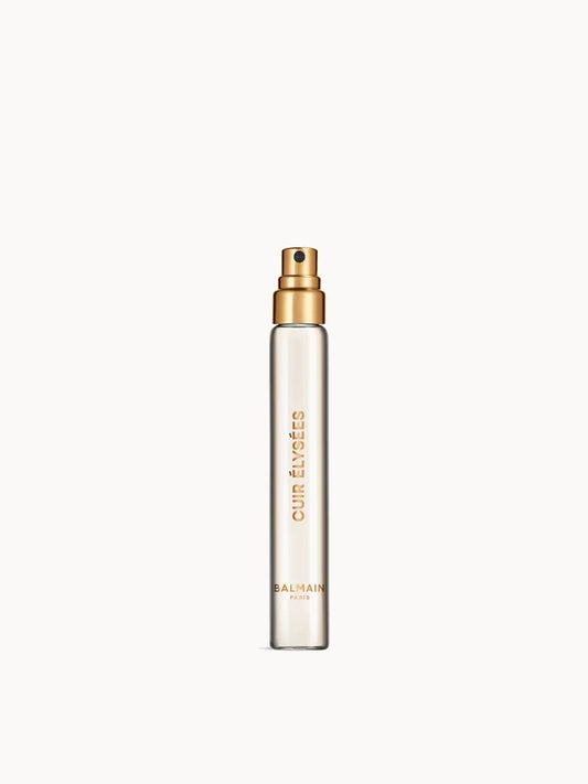 Balmain Cuir Élysées Eau de Parfum 10ml, small rectangular travel spray bottle with silver cap and Balmain lion emblem