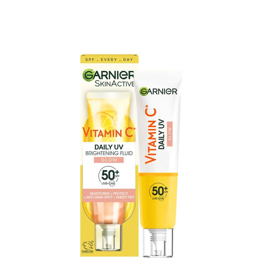 Garnier Vitamin C Daily UV Brightening Fluid Glow SPF 50+ 40ml, pink and white squeeze tube