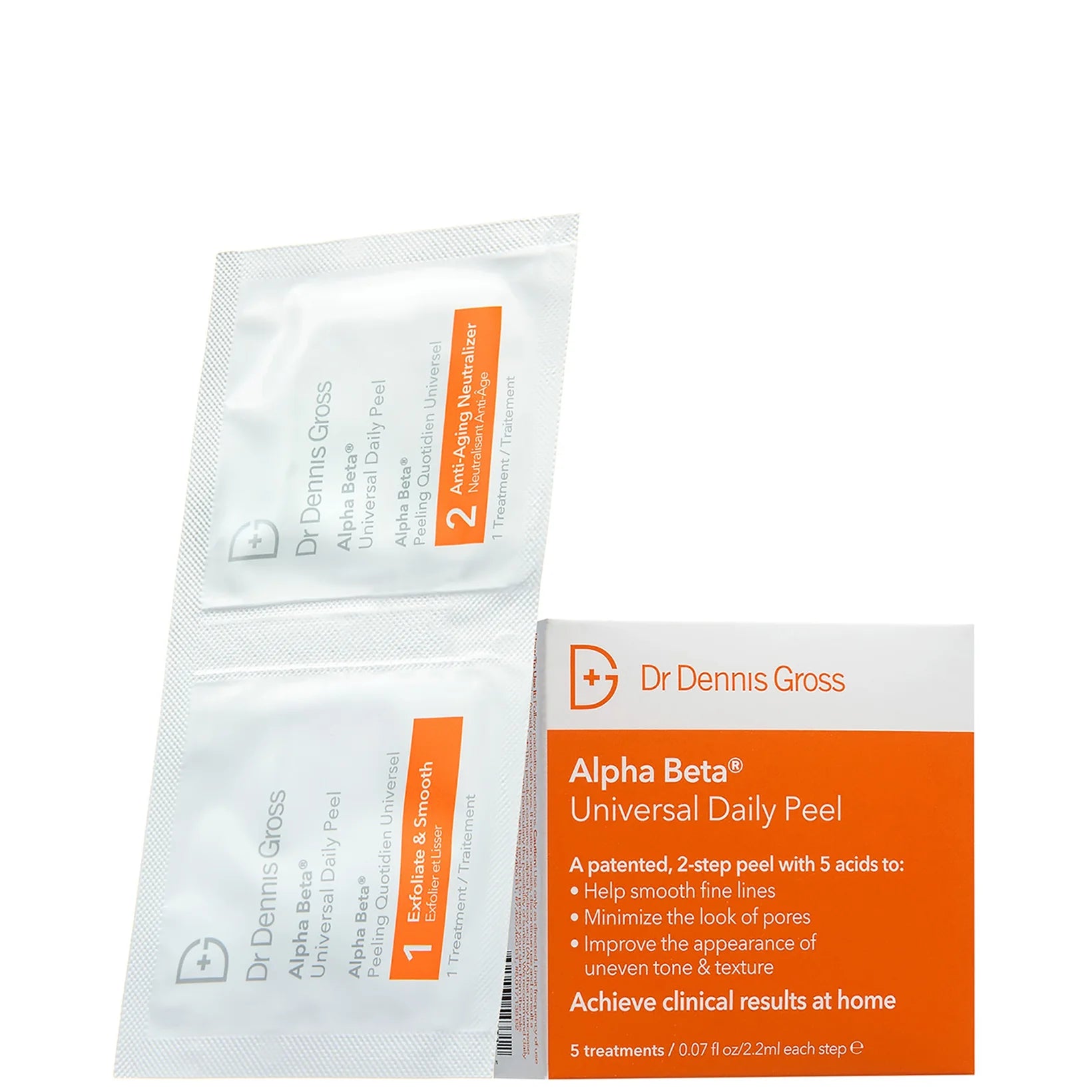 Dr. Dennis Gross Skincare Alpha Beta Universal Daily Peel (Pack of 5) – Set of individually wrapped exfoliating peel pads in white packaging.