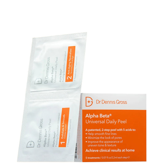 Dr. Dennis Gross Skincare Alpha Beta Universal Daily Peel (Pack of 5) – Set of individually wrapped exfoliating peel pads in white packaging.