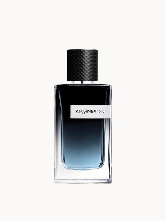 Yves Saint Laurent Y Eau de Parfum 100ml, angular clear glass bottle with silver cap and black Y logo plaque