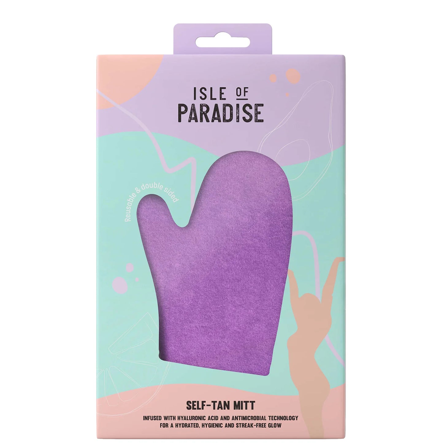 Isle of Paradise Double Sided Self Tan Mitt in peach-toned packaging with soft, velvety texture for streak-free tanning