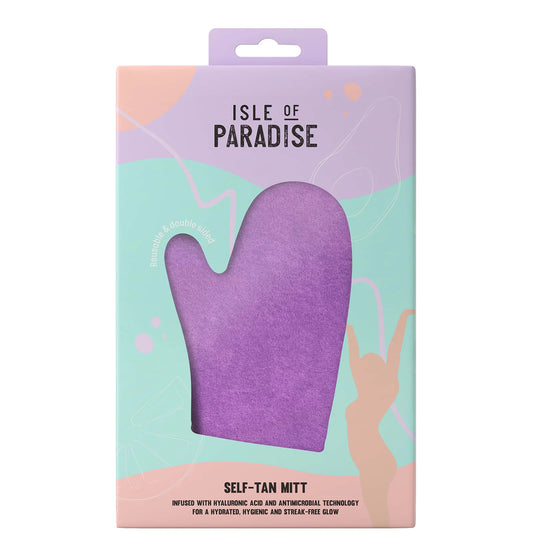 Isle of Paradise Double Sided Self Tan Mitt in peach-toned packaging with soft, velvety texture for streak-free tanning