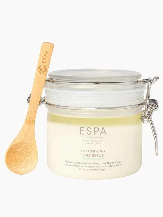 ESPA Detoxifying Salt Scrub 500g, glass jar with wooden spoon and coarse sea salt scrub