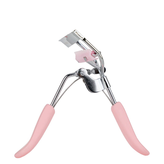 brushworks Pro Lash Curler with built-in comb, metal frame with curved lash pad and small comb attachment at the top.