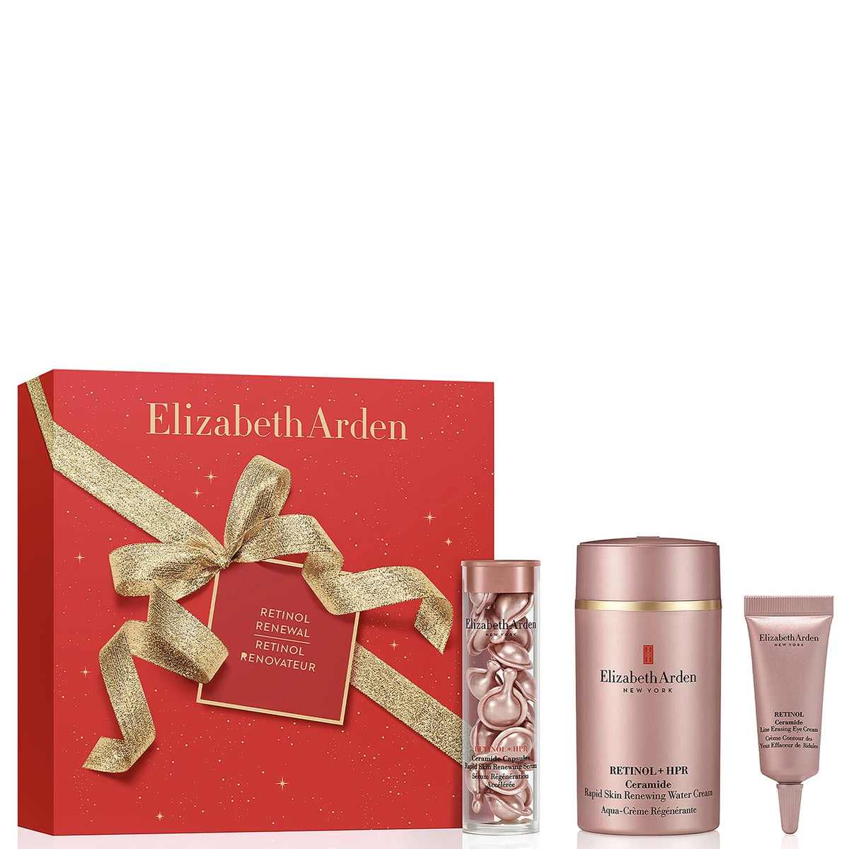 Elizabeth Arden RETINOL + HPR CERAMIDE Retinol Renewal 3-Piece Gift Set, box with three skincare products and Elizabeth Arden branding
