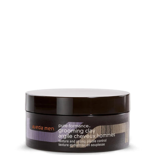 Aveda Men's Pure-Formance Grooming Clay 75ml matte black jar with screw lid shown closed on neutral background