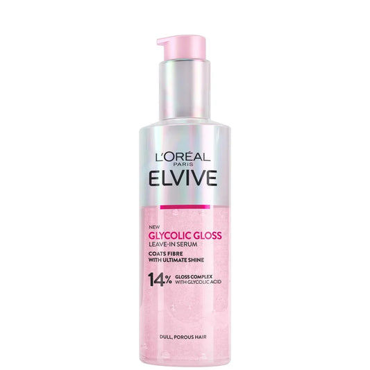 L'Oreal Paris Elvive Glycolic Gloss Leave-in Serum 150ml clear bottle with pink liquid and pump dispenser