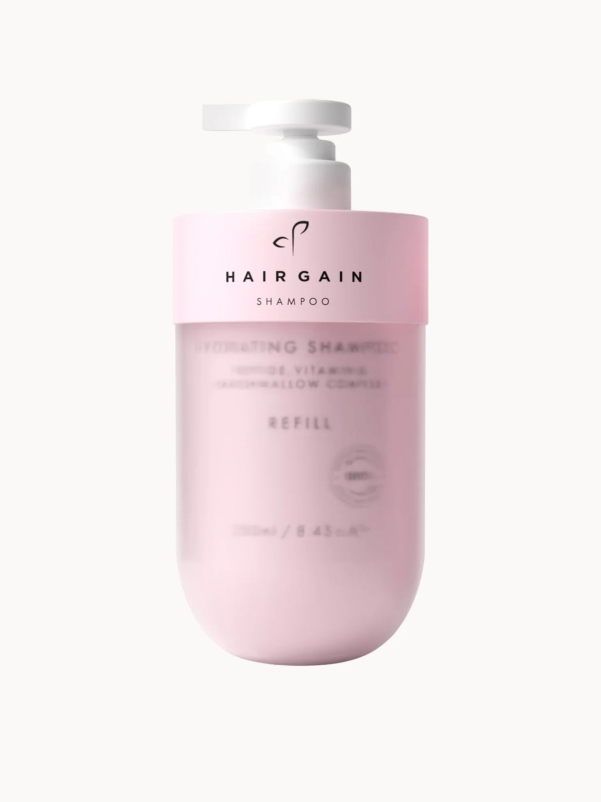 Hair Gain Hydrating Shampoo 250ml - Starter Kit, pink refillable pump bottle with a clear shampoo refill pouch