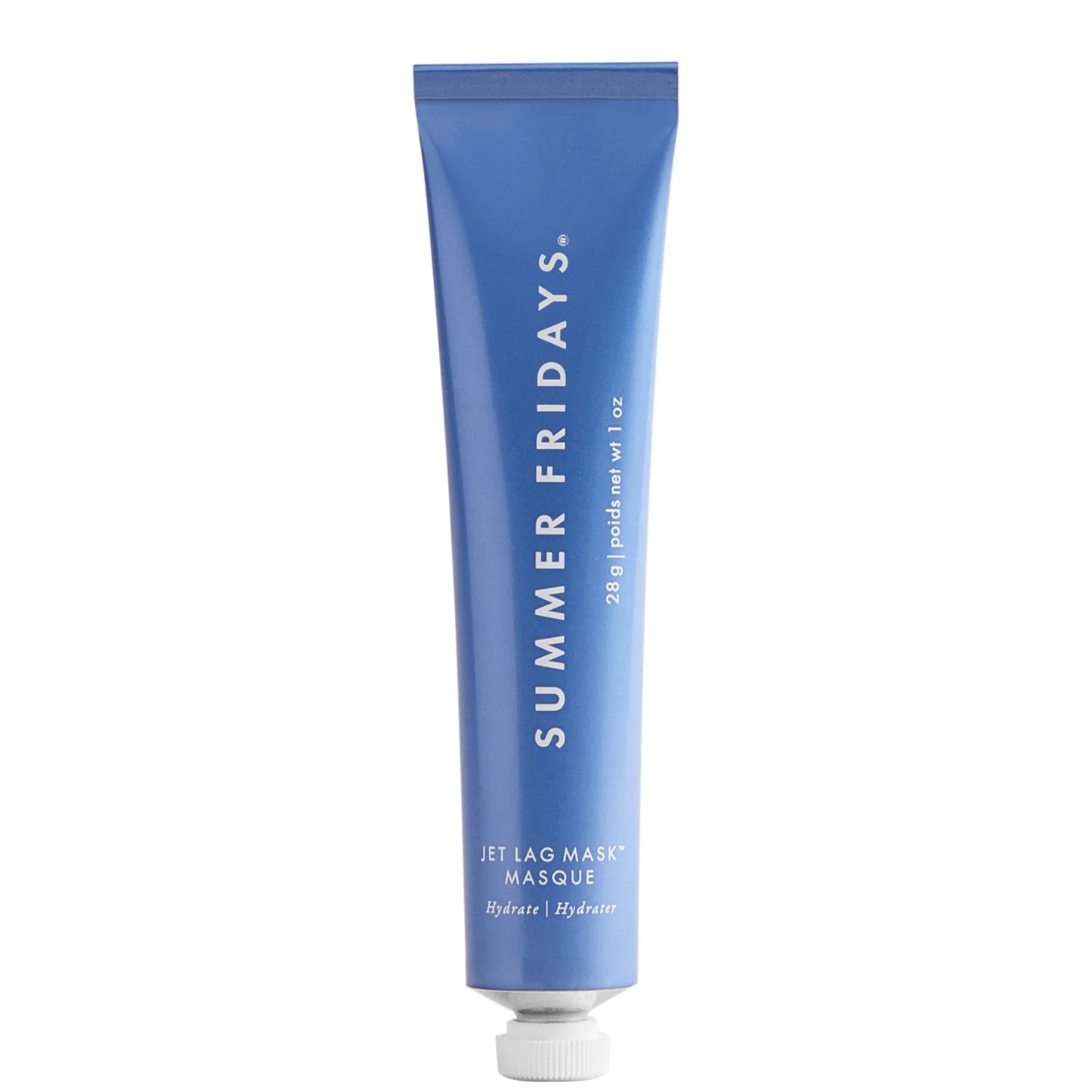 SUMMER FRIDAYS Jet Lag Mask 28g, pastel blue squeeze tube with white cap, hydrating cream mask designed to nourish and revive tired, stressed skin