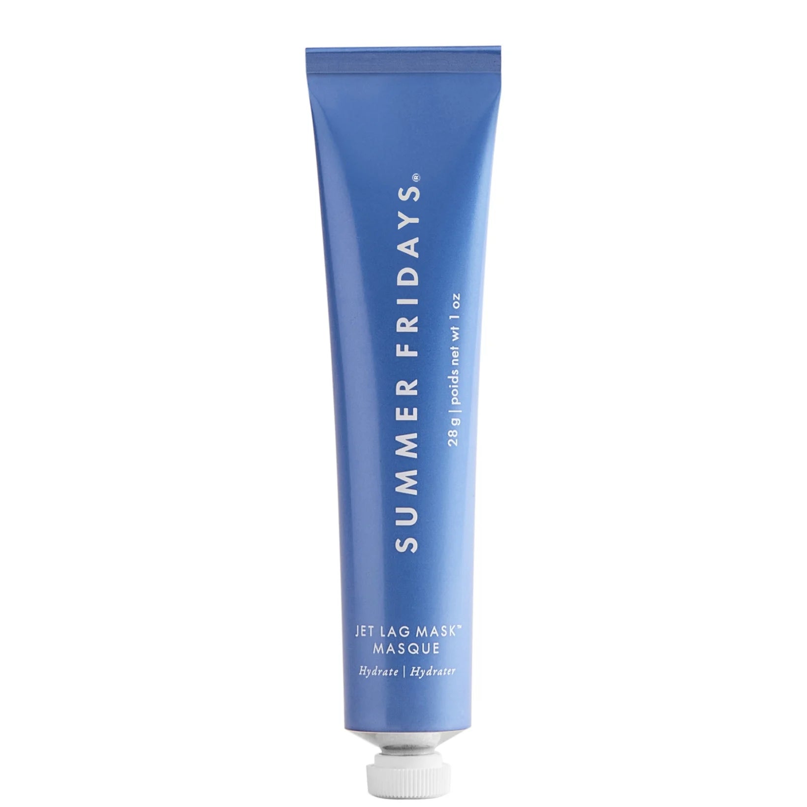SUMMER FRIDAYS Jet Lag Mask 28g, pastel blue squeeze tube with white cap, hydrating cream mask designed to nourish and revive tired, stressed skin