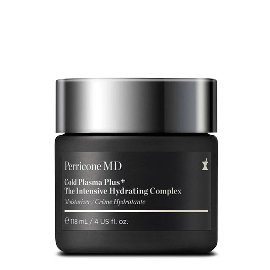 Perricone MD Cold Plasma Plus+ The Intensive Hydrating Complex 4oz white jar with a smooth silver screw-top lid