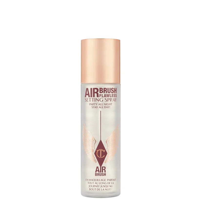 Charlotte Tilbury Airbrush Flawless Setting Spray Full Size 100ml clear bottle with rose gold cap and spray nozzle front view