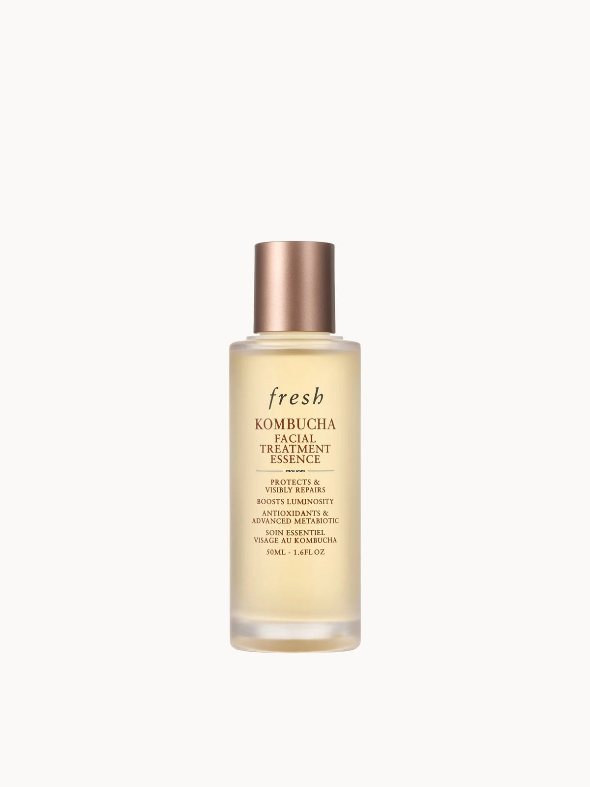 Fresh Kombucha Antioxidant Facial Treatment Essence 50ml, clear glass bottle with black dropper-style cap and minimalist Fresh wordmark label