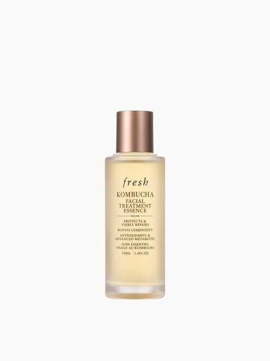 Fresh Kombucha Antioxidant Facial Treatment Essence 50ml, clear glass bottle with black dropper-style cap and minimalist Fresh wordmark label