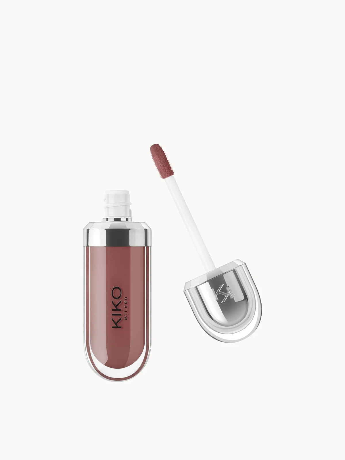KIKO Milano 3D Hydra Lipgloss 6.5ml - 21 Brun Rose, clear tube with doe-foot applicator and KIKO Milano 3D Hydra branding
