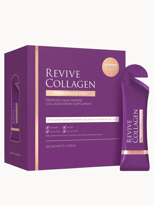 Revive Collagen Menopause Max box with 28 individual drink sachets