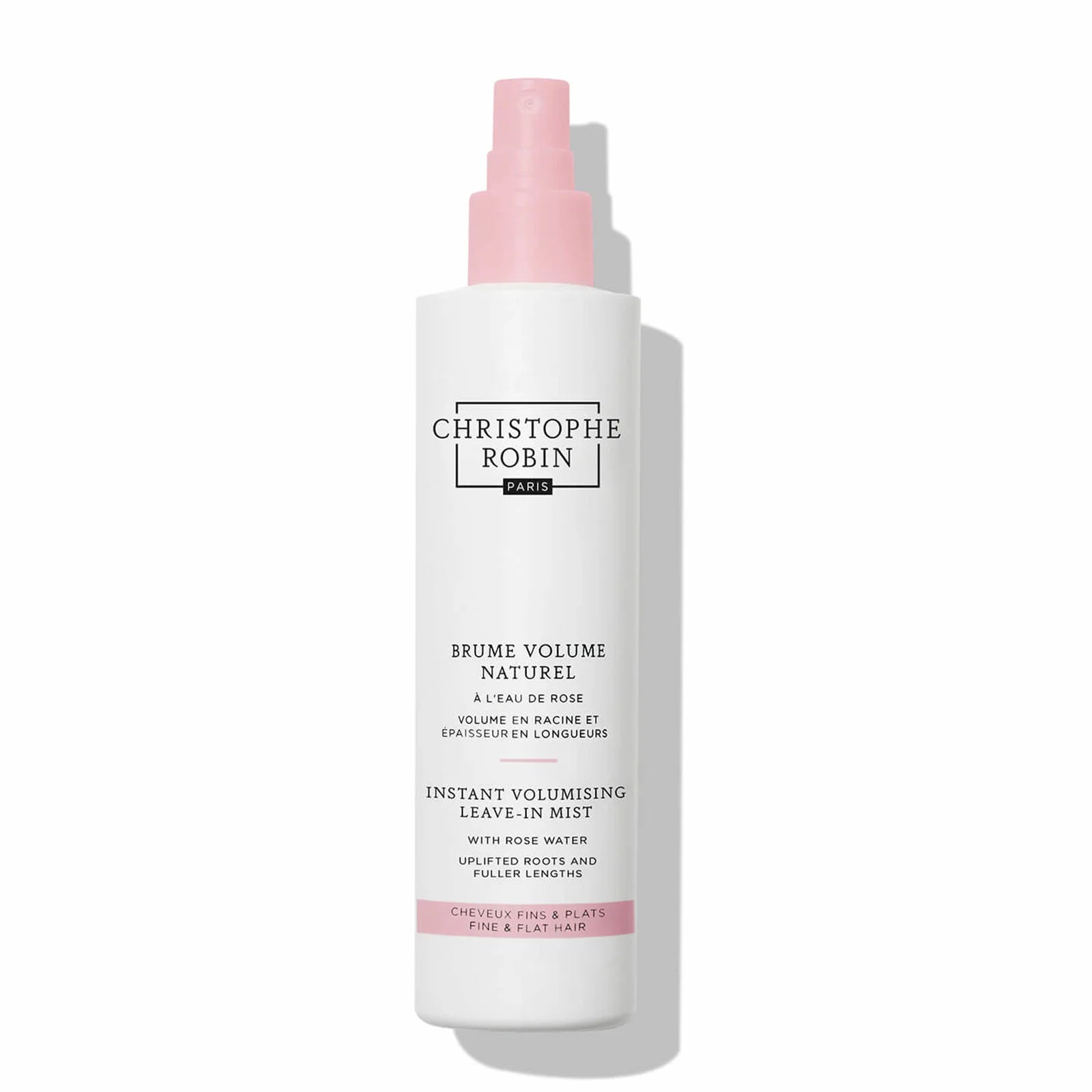 Pink spray bottle of lightweight volumising mist with rose extract for fine hair.