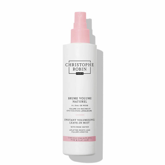 Pink spray bottle of lightweight volumising mist with rose extract for fine hair.