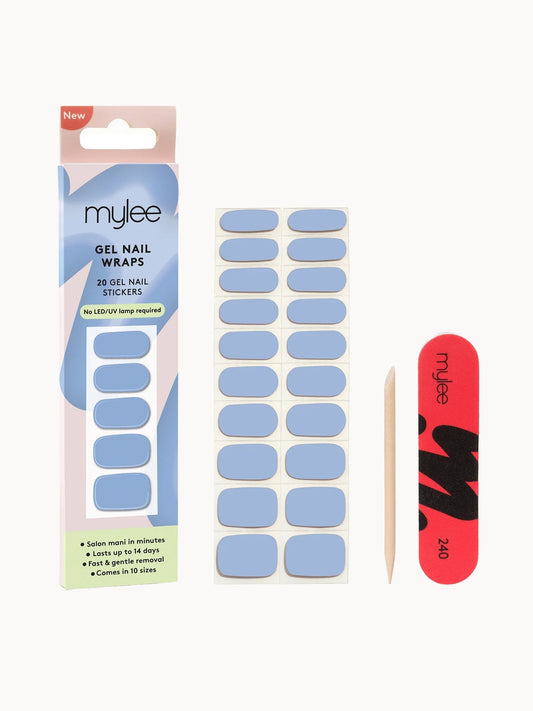 Mylee Gel Nail Wraps - Once In A Blue Moon, small pack with printed nail wrap sheet and Mylee branding