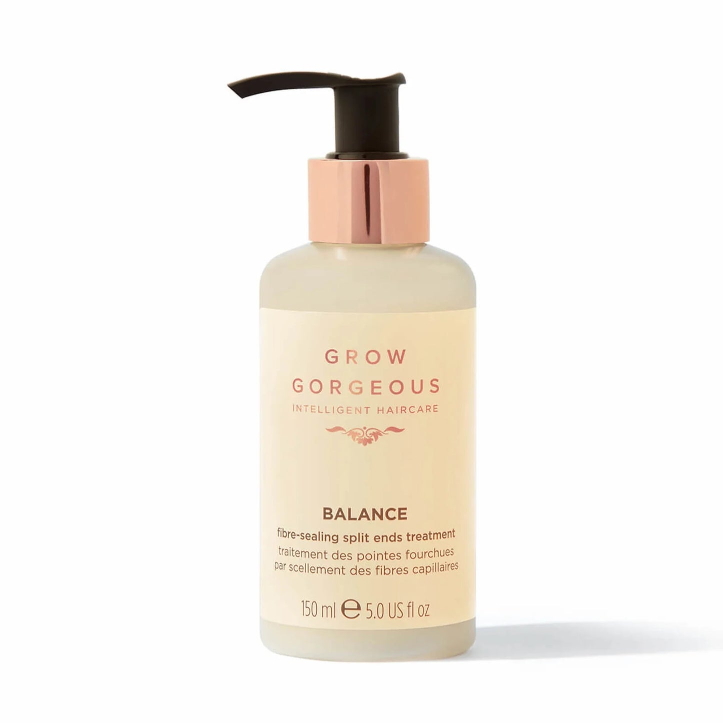 Grow Gorgeous Balance Fibre‑Sealing Split Ends Treatment 150ml – lightweight hair serum to seal split ends, strengthen strands, and enhance shine, in a transparent pump bottle