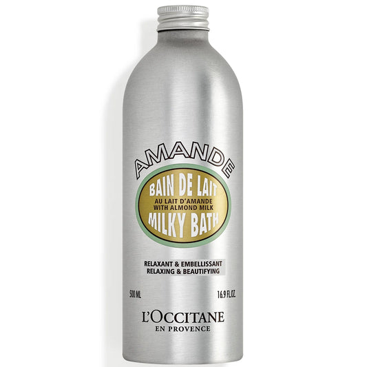 L'Occitane Almond Milky Bath 500ml bottle, luxurious bath soak enriched with almond oil for soft, nourished skin