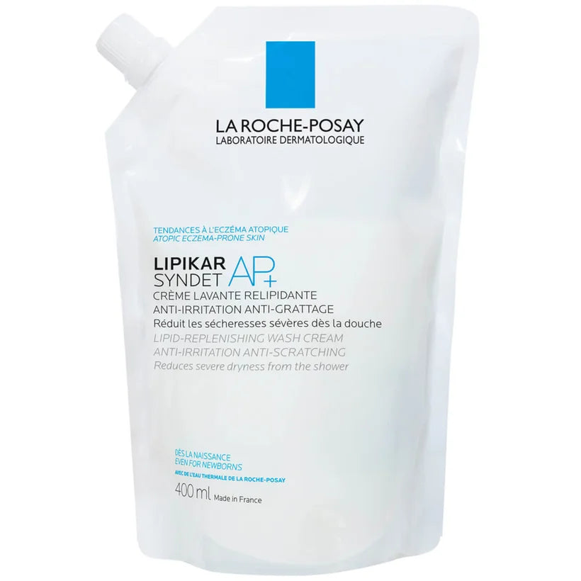 La Roche-Posay Lipikar Syndet AP+ Cream Wash Refill Pouch 400ml flexible refill pouch with blue and white label