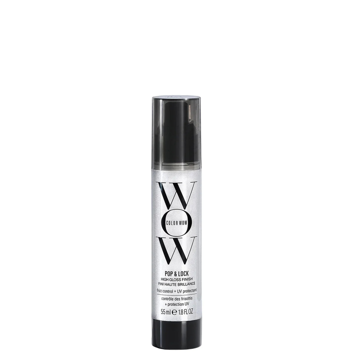 Color Wow Pop & Lock High Gloss Finish 55ml, clear glass bottle with black pump top and black label