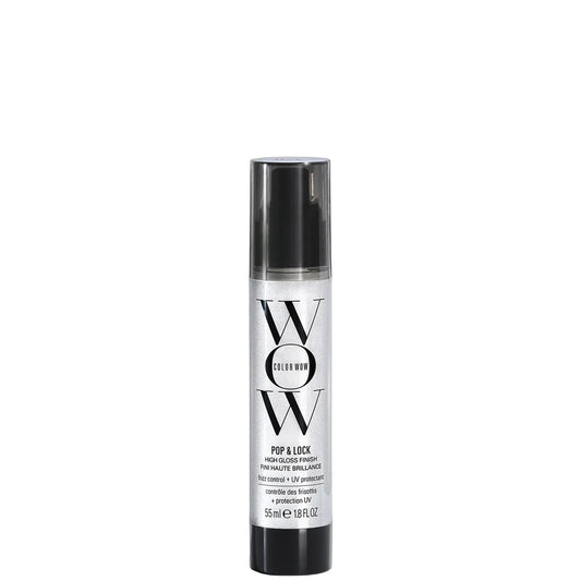 Color Wow Pop & Lock High Gloss Finish 55ml, clear glass bottle with black pump top and black label