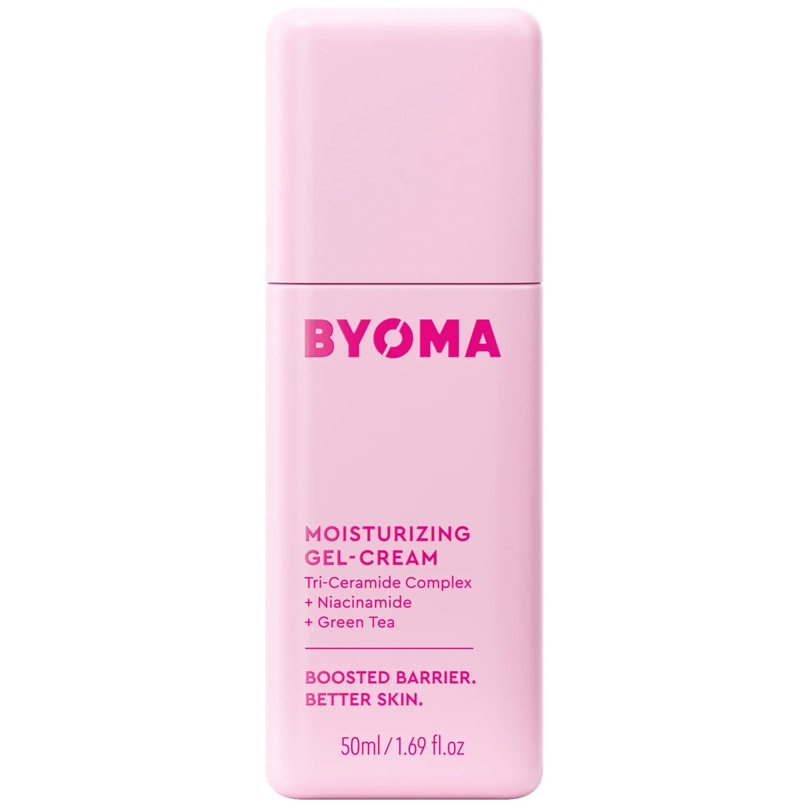 BYOMA Moisturising Gel Cream 50ml – barrier-boosting gel moisturiser for all skin types with ceramides and niacinamide, in a vibrant pink square pump bottle.