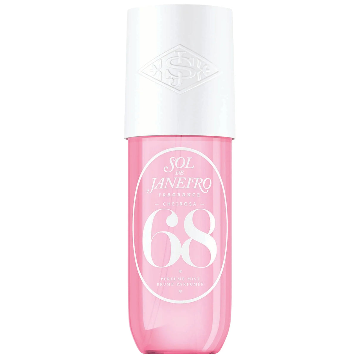 Sol de Janeiro Cheirosa 68 Perfume Mist 240ml — tropical floral spray with pink dragonfruit, lychee, jasmine and hibiscus over vanilla musk; large lilac bottle.
