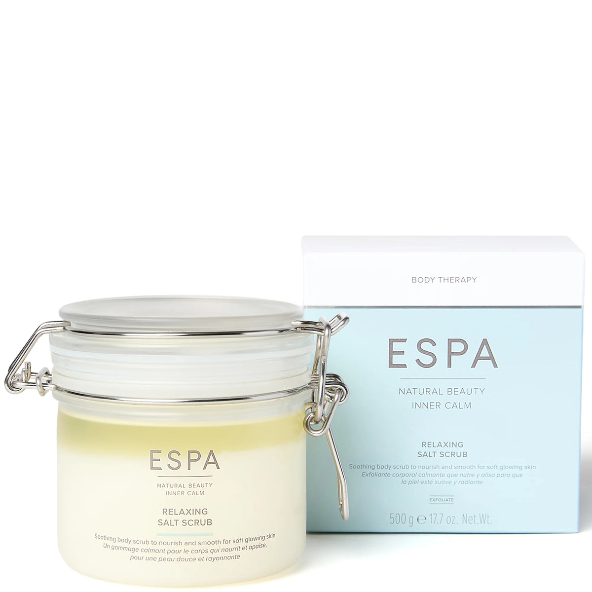 ESPA Relaxing Salt Scrub 500g, clear glass jar with gold lid and ESPA minimalist label, visible textured salt scrub