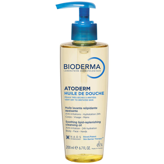 Bioderma Atoderm Cleansing Oil for Normal to Very Dry Skin 200ml, clear bottle with white cap and Bioderma Atoderm branding