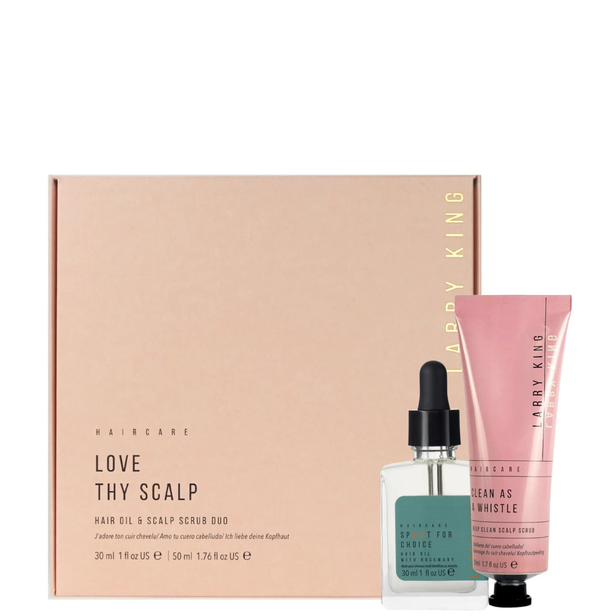 Larry King Hair Love Thy Scalp Edit, two-piece scalp care set with hair oil bottle and scalp scrub