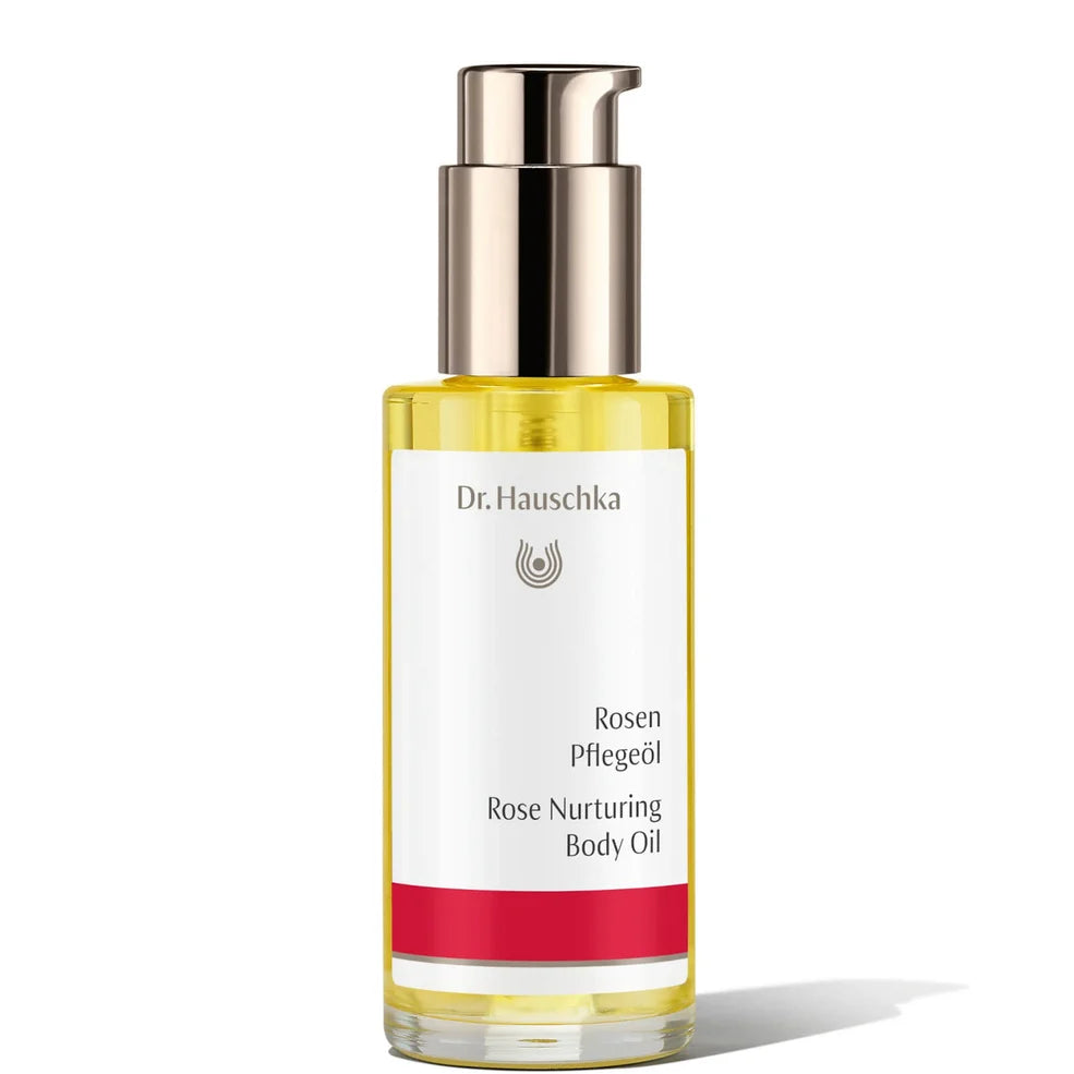 Dr. Hauschka Rose Nurturing Body Oil 75ml in glass bottle with rose petal illustration, calming skincare oil.